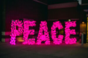 Blurred pink lights form the word 'PEACE' in an artistic night scene.